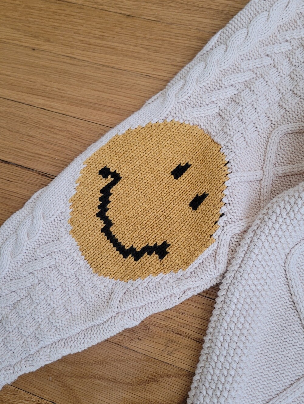 KAPITAL MADE IN JAPAN 5G WOOL CABLE KNIT PROFILE SMILEY PATCH SWEATER - Picture 6 of 7